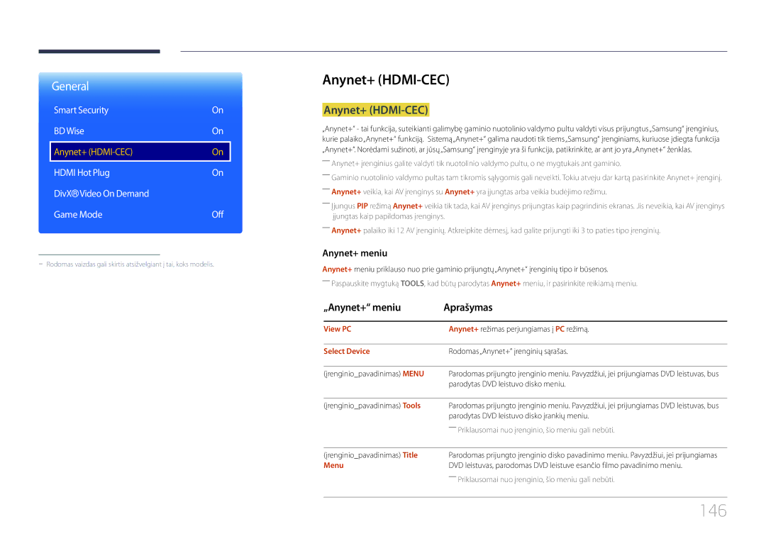 Samsung LH55DMEPLGC/EN, LH48DMEPLGC/EN, LH40DHEPLGC/EN, LH32DBEPLGC/EN manual 146, Anynet+ HDMI-CEC, „Anynet+ meniu Aprašymas 