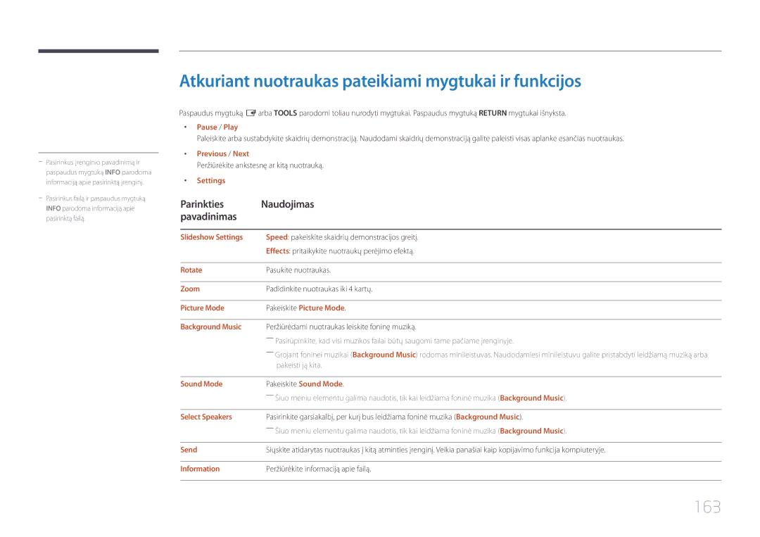 Samsung LH75DMEPLGC/EN, LH48DMEPLGC/EN, LH40DHEPLGC/EN manual Atkuriant nuotraukas pateikiami mygtukai ir funkcijos, 163 