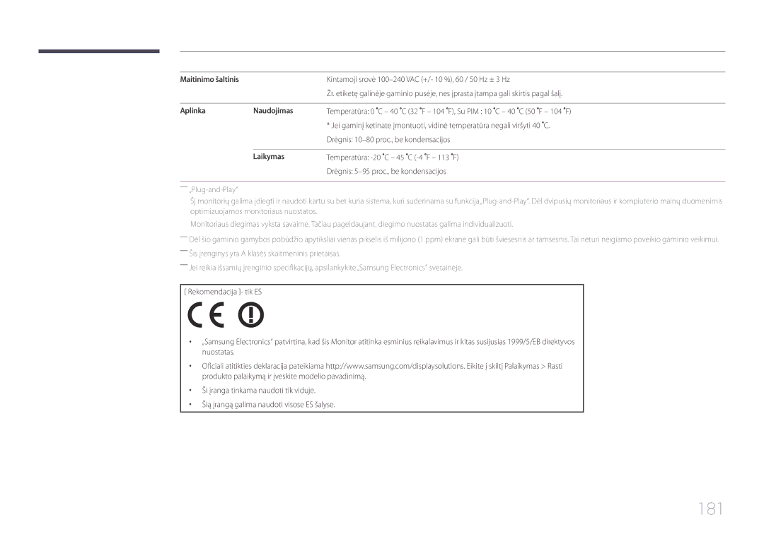 Samsung LH48DBEPLGC/EN, LH48DMEPLGC/EN, LH40DHEPLGC/EN, LH32DBEPLGC/EN, LH55DMEPLGC/EN manual 181, Aplinka Naudojimas, Laikymas 