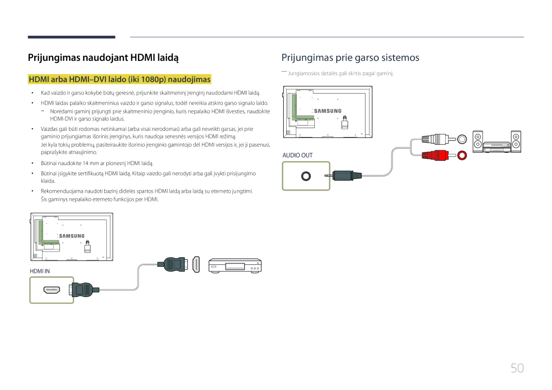 Samsung LH48DHEPLGC/EN, LH48DMEPLGC/EN Hdmi arba HDMI-DVI laido iki 1080p naudojimas, HDMI-DVI ir garso signalo laidus 