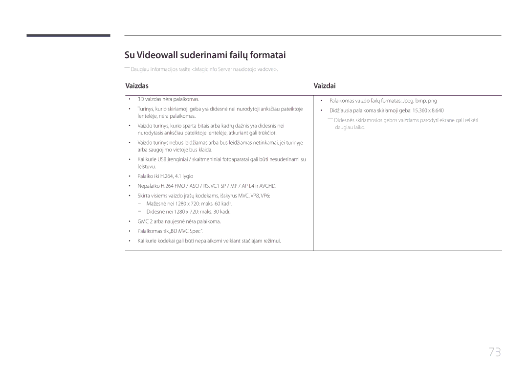 Samsung LH65DMEPLGC/EN, LH48DMEPLGC/EN, LH40DHEPLGC/EN, LH32DBEPLGC/EN manual Su Videowall suderinami failų formatai, Vaizdas 