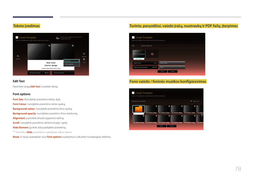 Samsung LH48DMEPLGC/EN, LH40DHEPLGC/EN, LH32DBEPLGC/EN manual Teksto įvedimas, Fono vaizdo / foninės muzikos konfigūravimas 