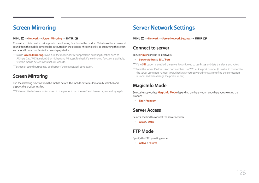Samsung LH40DBEPLGC/EN manual Screen Mirroring, Server Network Settings, Connect to server, MagicInfo Mode, Server Access 