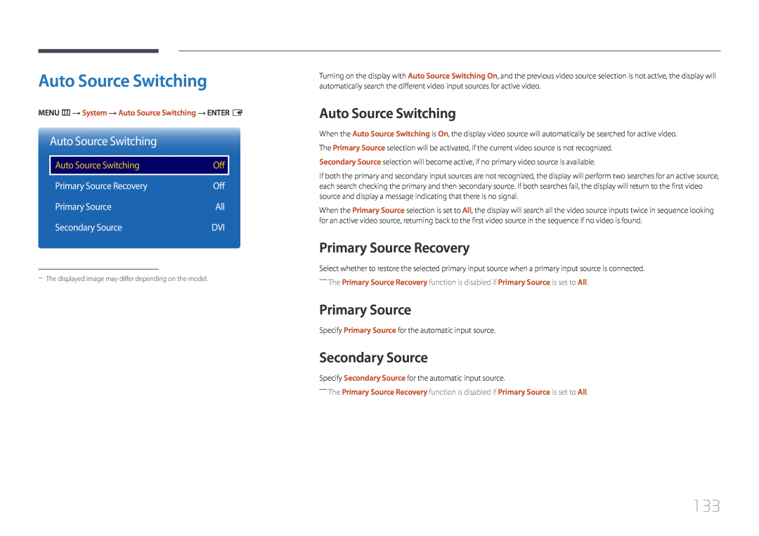 Samsung LH32DMEPLGC/NG, LH48DMEPLGC/EN, LH40DHEPLGC/EN Auto Source Switching, Primary Source Recovery, Secondary Source 