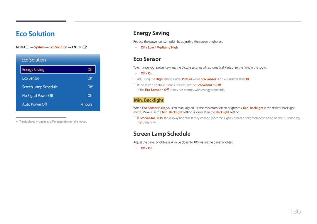 Samsung LH48DMEPLGC/NG Eco Solution, Energy Saving, Eco Sensor, Screen Lamp Schedule, Min. Backlight, hours, Off / On 