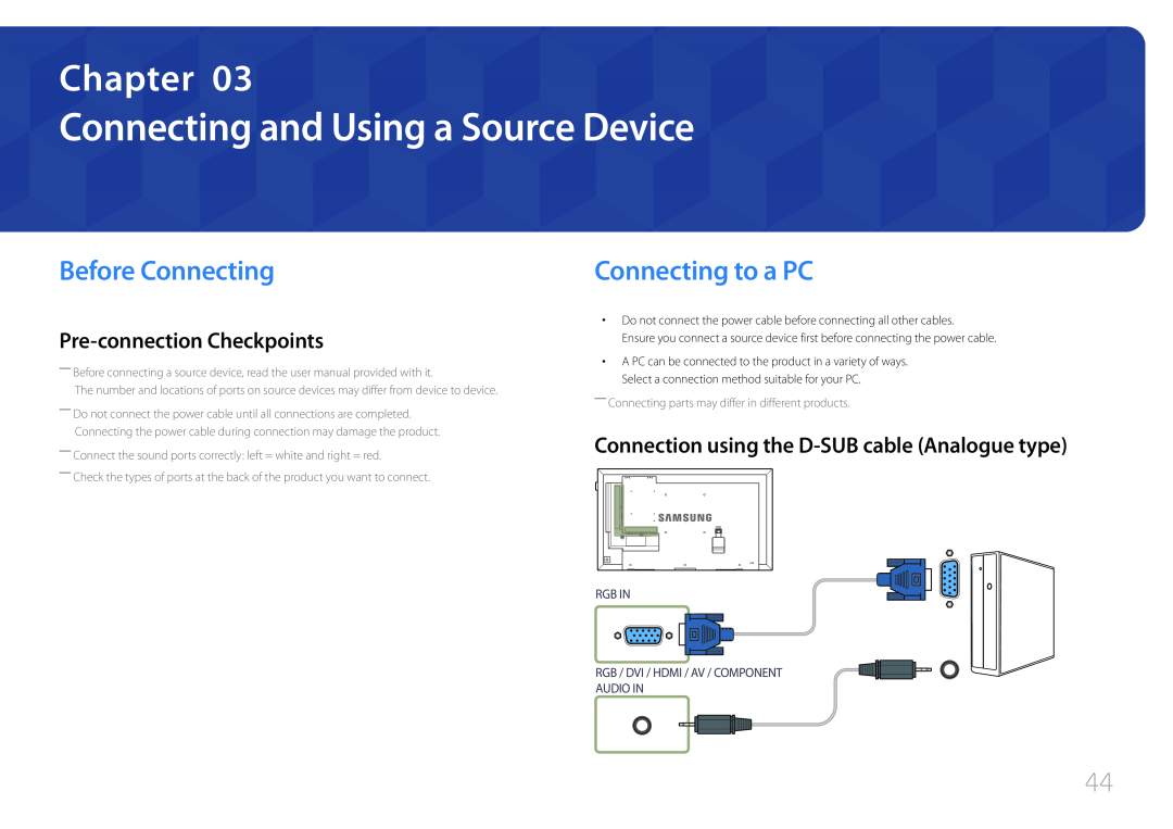 Samsung LH75DMEPLGC/XY manual Connecting and Using a Source Device, Before Connecting, Connecting to a PC, Chapter 
