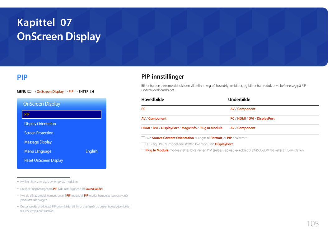 Samsung LH40DHEPLGC/EN manual OnScreen Display, PIP-innstillinger, Hovedbilde, Underbilde, Kapittel, AV / Component 