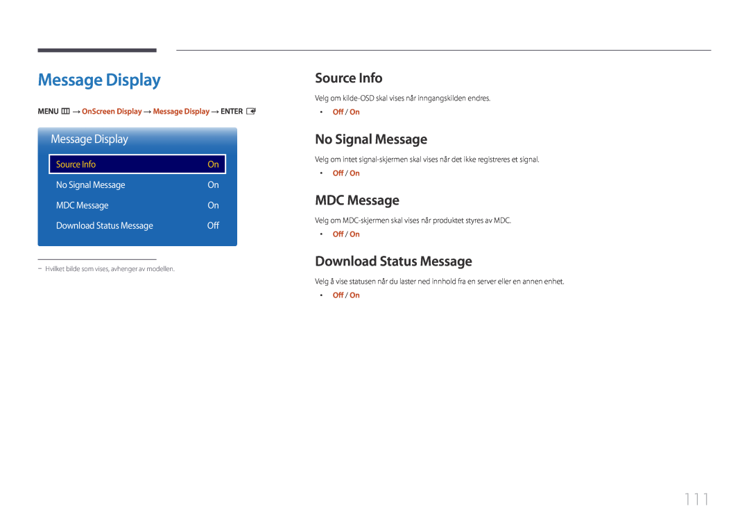 Samsung LH75DMEPLGC/EN Message Display, Source Info, No Signal Message, MDC Message, Download Status Message, Off / On 