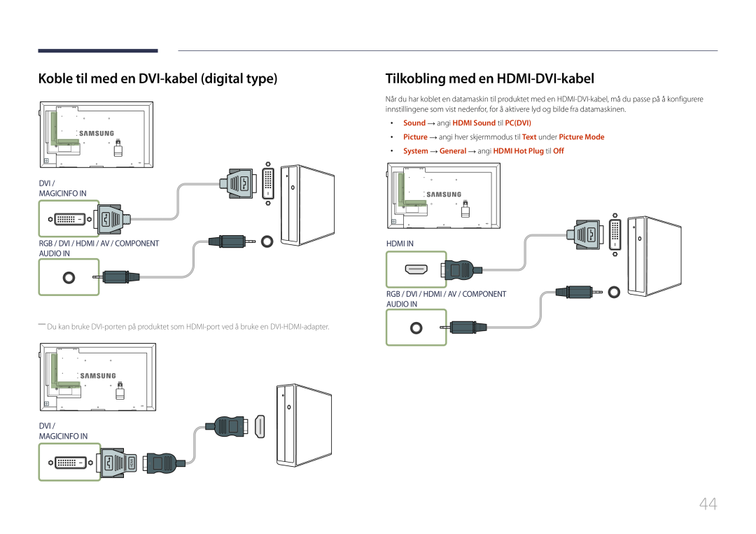 Samsung LH40DMEPLGC/EN Koble til med en DVI-kabel digital type, Tilkobling med en HDMI-DVI-kabel, Dvi Magicinfo In, Hdmi 