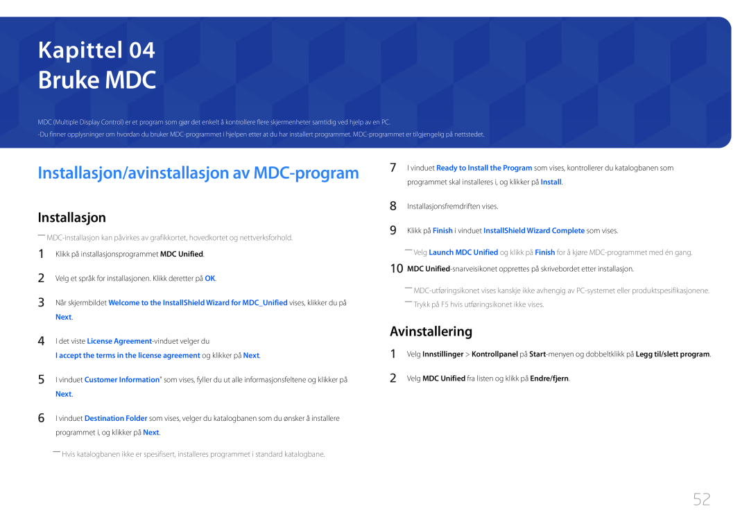Samsung LH48DMEPLGC/EN manual Bruke MDC, Avinstallering, Kapittel, Installasjon/avinstallasjon av MDC-program, Next 