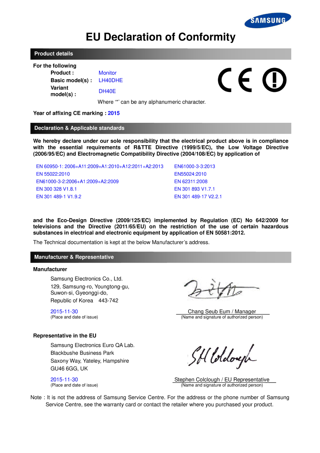 Samsung LH40DHEPLGC/EN manual EU Declaration of Conformity, Product details, Declaration & Applicable standards 