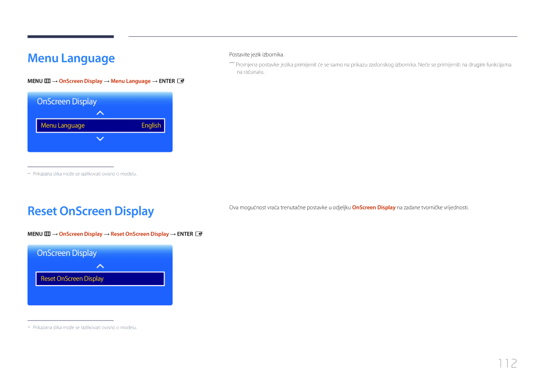 Samsung LH55DMEPLGC/EN manual Reset OnScreen Display, 112, Menu m → OnScreen Display → Menu Language → Enter E 