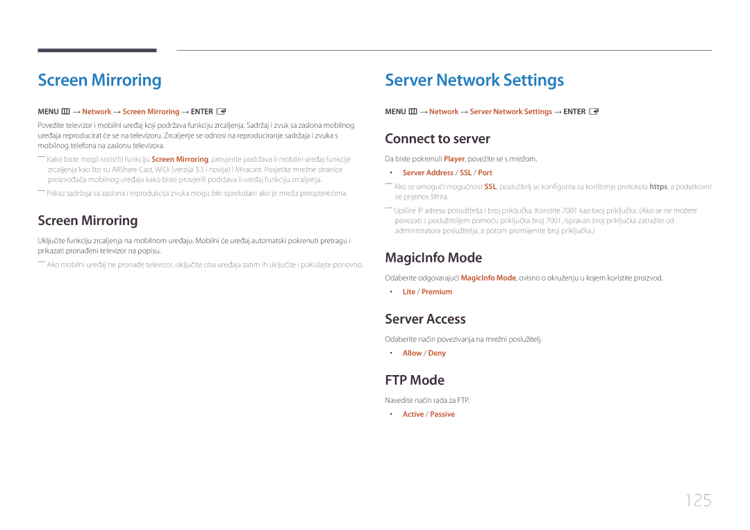 Samsung LH75DMEPLGC/EN, LH48DMEPLGC/EN, LH40DHEPLGC/EN, LH55DMEPLGC/EN manual Screen Mirroring, Server Network Settings, 125 