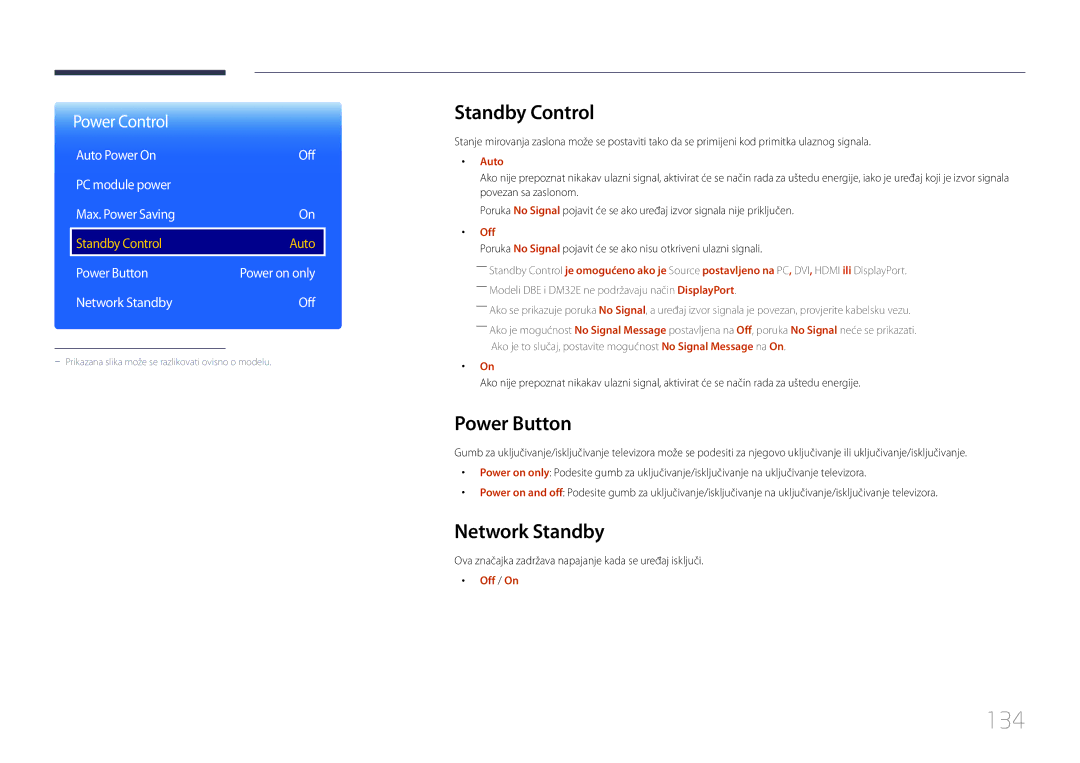 Samsung LH40DMEPLGC/EN, LH48DMEPLGC/EN, LH40DHEPLGC/EN, LH55DMEPLGC/EN 134, Standby Control, Power Button, Network Standby 