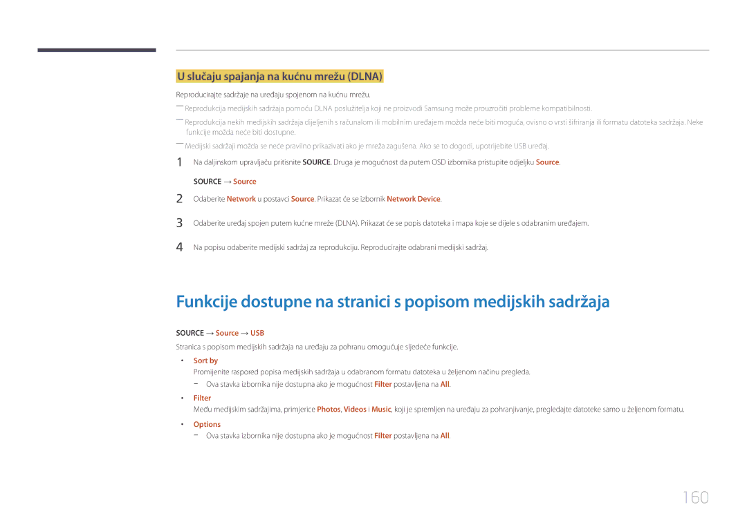 Samsung LH48DMEPLGC/EN Funkcije dostupne na stranici s popisom medijskih sadržaja, 160, Source → Source → USB, Filter 