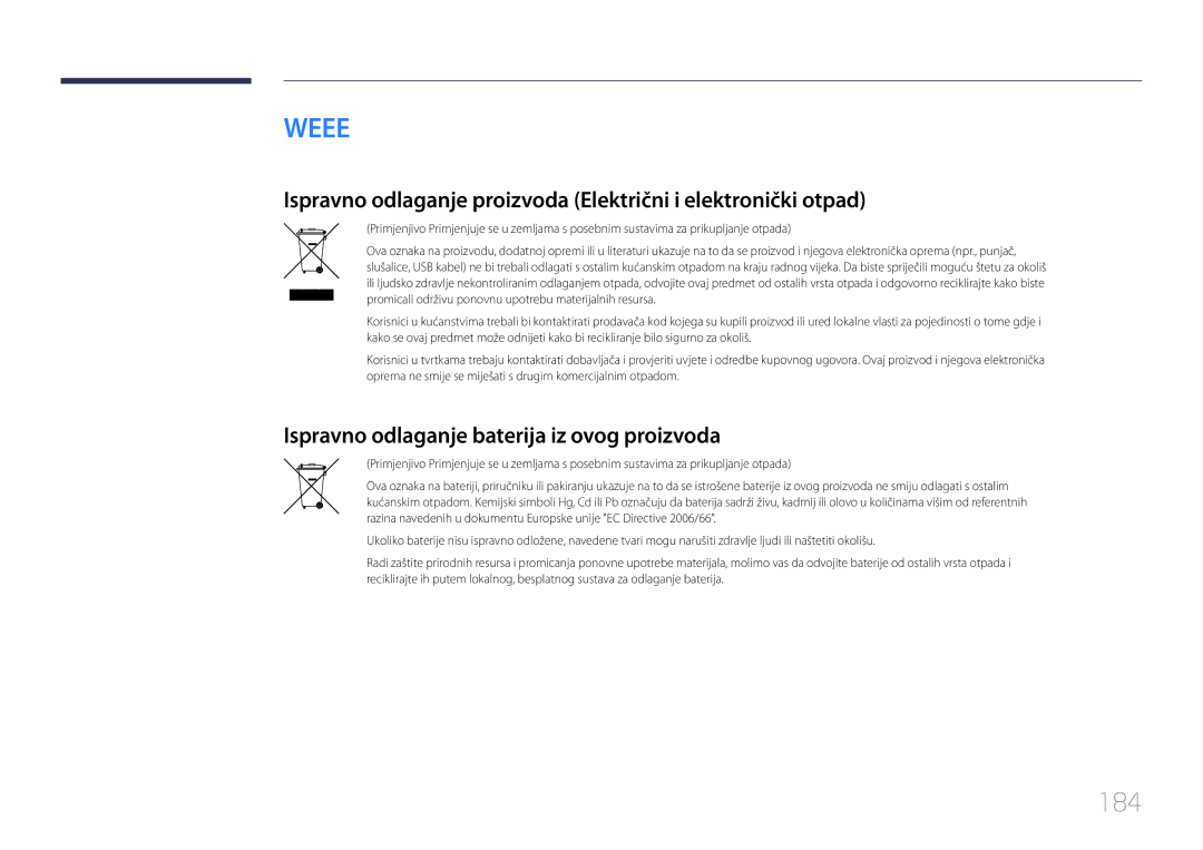 Samsung LH40DMEPLGC/EN, LH48DMEPLGC/EN, LH40DHEPLGC/EN, LH55DMEPLGC/EN 184, Ispravno odlaganje baterija iz ovog proizvoda 