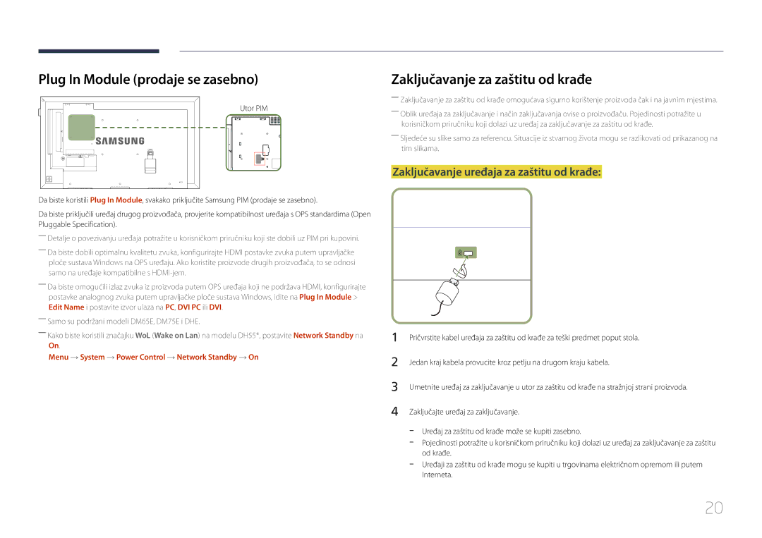 Samsung LH48DMEPLGC/EN, LH40DHEPLGC/EN, LH55DMEPLGC/EN Plug In Module prodaje se zasebno, Zaključavanje za zaštitu od krađe 