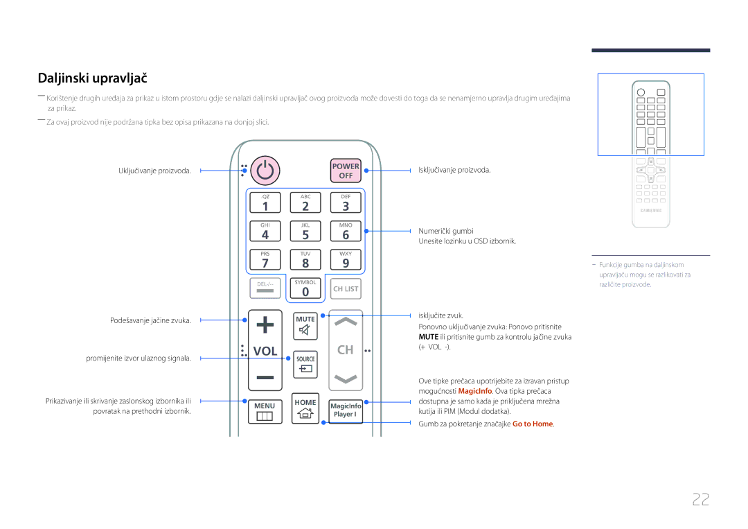 Samsung LH55DMEPLGC/EN, LH48DMEPLGC/EN, LH40DHEPLGC/EN manual Daljinski upravljač, Gumb za pokretanje značajke Go to Home 