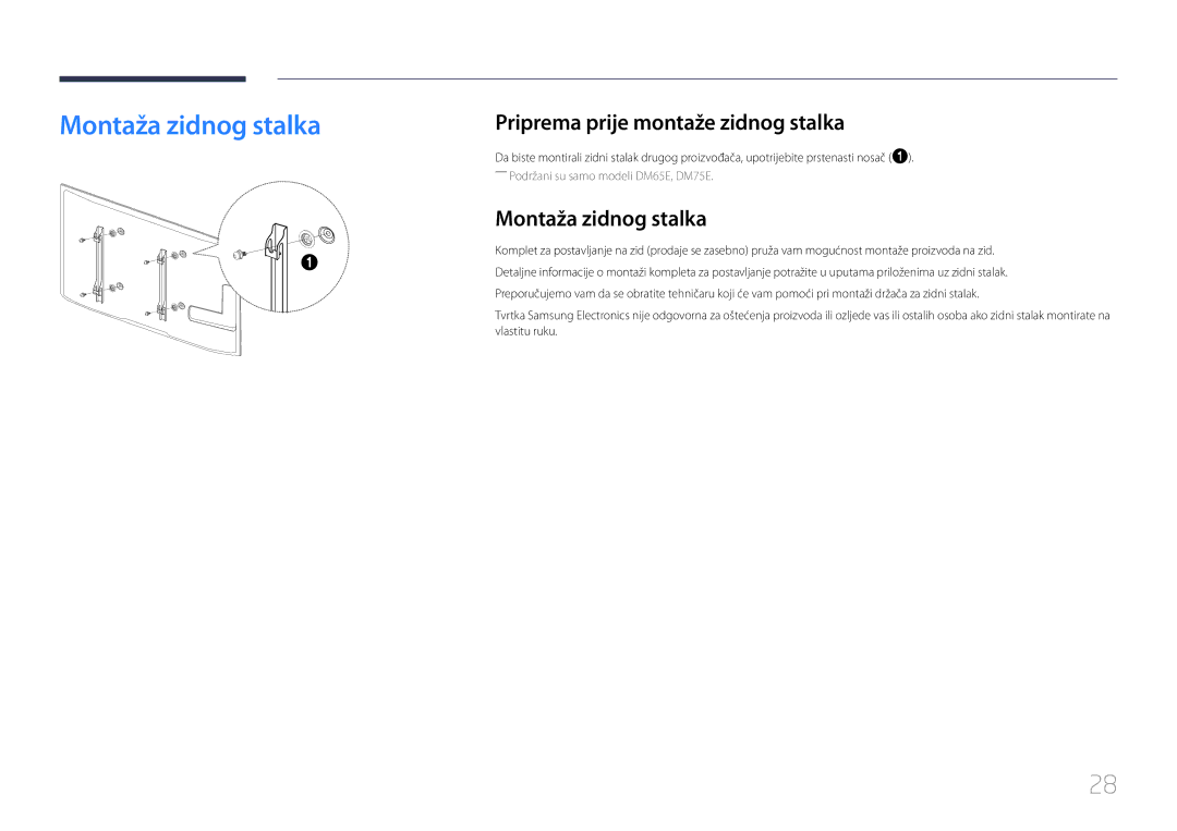 Samsung LH32DMEPLGC/EN, LH48DMEPLGC/EN, LH40DHEPLGC/EN manual Montaža zidnog stalka, Priprema prije montaže zidnog stalka 