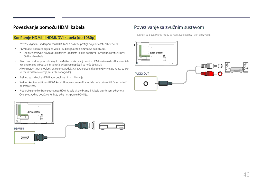 Samsung LH48DBEPLGC/EN, LH48DMEPLGC/EN manual Povezivanje pomoću Hdmi kabela, Korištenje Hdmi ili HDMI/DVI kabela do 1080p 