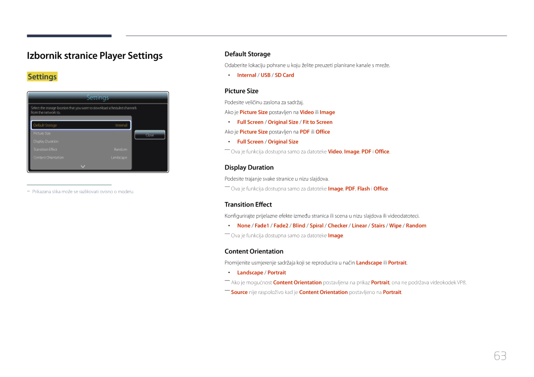 Samsung LH55DBEPLGC/EN manual Izbornik stranice Player Settings, Internal / USB / SD Card, Full Screen / Original Size 