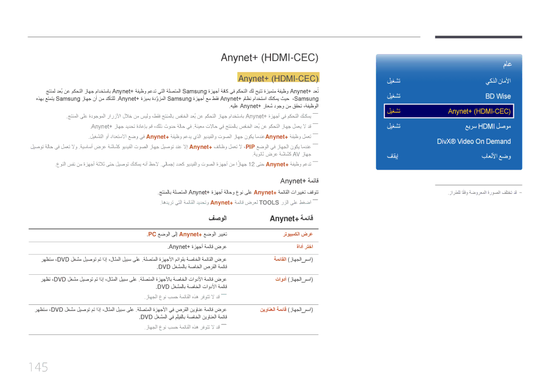 Samsung LH55DMEPLGC/NG, LH48DMEPLGC/EN, LH55DMEPLGC/EN, LH40DMEPLGC/EN manual 145, Anynet+ \HDMI-CEC, فصولا Anynet+‎ةمئاق 