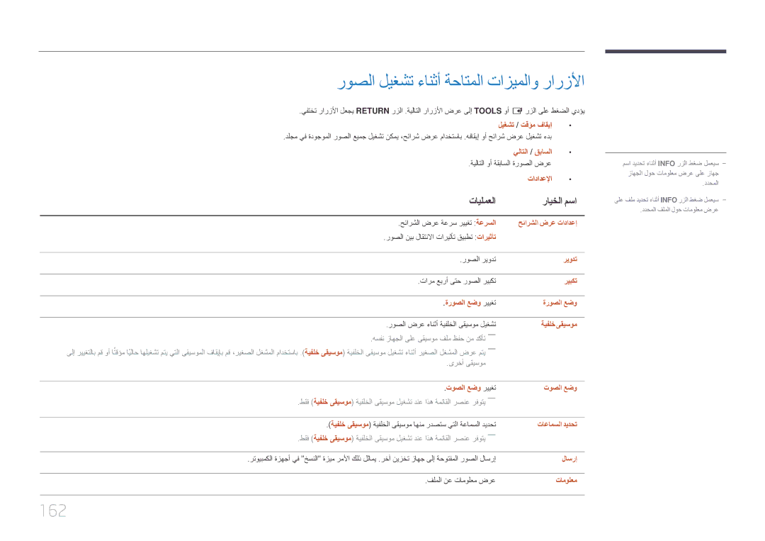 Samsung LH40DHEPLGC/NG, LH48DMEPLGC/EN, LH55DMEPLGC/EN, LH40DMEPLGC/EN manual روصلا ليغشت ءانثأ ةحاتملا تازيملاو رارزلأا, 162 