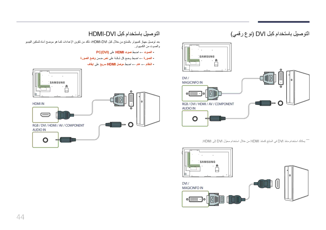 Samsung LH48DMEPLGC/EN, LH55DMEPLGC/EN, LH40DMEPLGC/EN Hdmi-Dvi لبك مادختساب ليصوتلا, PC\DVI\ ىلع Hdmi توص طبضا ← توصلا 