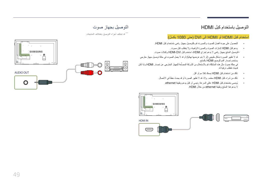 Samsung LH32DMEPLGC/EN, LH48DMEPLGC/EN manual Hdmi لبك مادختساب ليصوتلا, لسكب 1080 ىتح DVI ىلإ Hdmi وأ Hdmi لبك مادختسا 