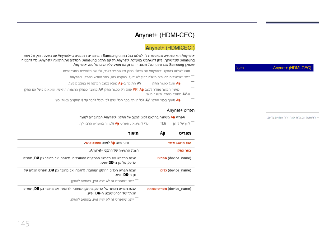 Samsung LH48DHEPLGC/CH, LH48DMEPLGC/EN, LH55DMEPLGC/EN, LH40DMEPLGC/EN manual 145, Anynet+ \HDMI-CEC, רואית Anynet+‎טירפת 