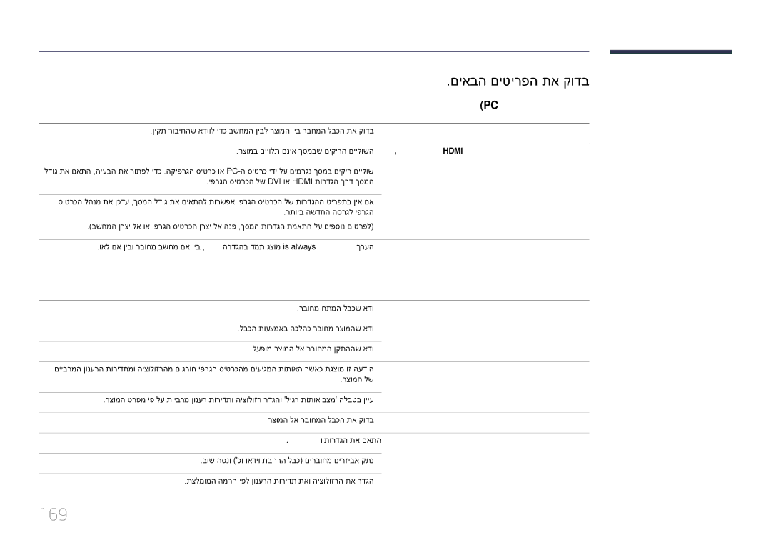 Samsung LH48DMEPLGC/CH, LH48DMEPLGC/EN, LH55DMEPLGC/EN manual 169, Pc בצמ הנקתה תייעב, ךסמב היעב, ךסמב גצומ ילמיטפוא בצמ אל 