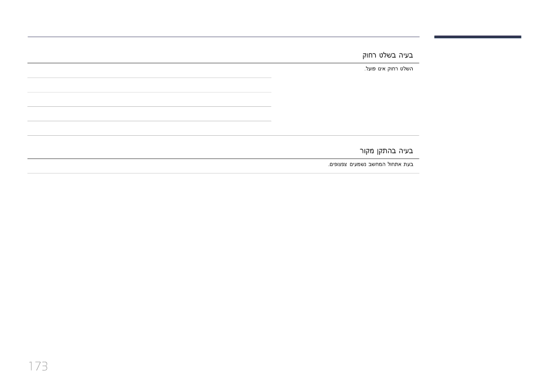 Samsung LH40DMEPLGC/EN manual 173, קוחר טלשב היעב, רוקמ ןקתהב היעב, לעופ וניא קוחר טלשה, םיפוצפצ םיעמשנ בשחמה לוחתא תעב 