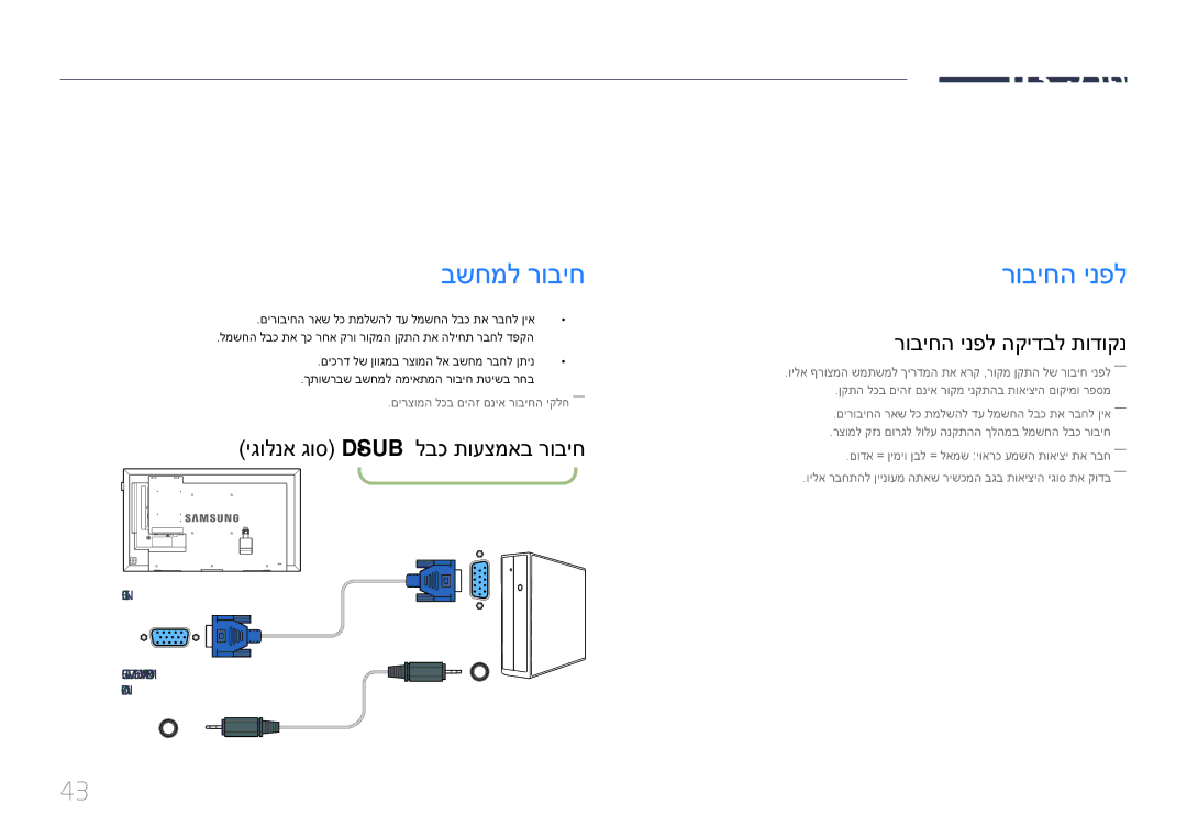 Samsung LH32DMEPLGC/EN manual ותלעפהו רוקמ ןקתה רוביח, בשחמל רוביח, רוביחה ינפל, יגולנא גוס D-Sub לבכ תועצמאב רוביח 