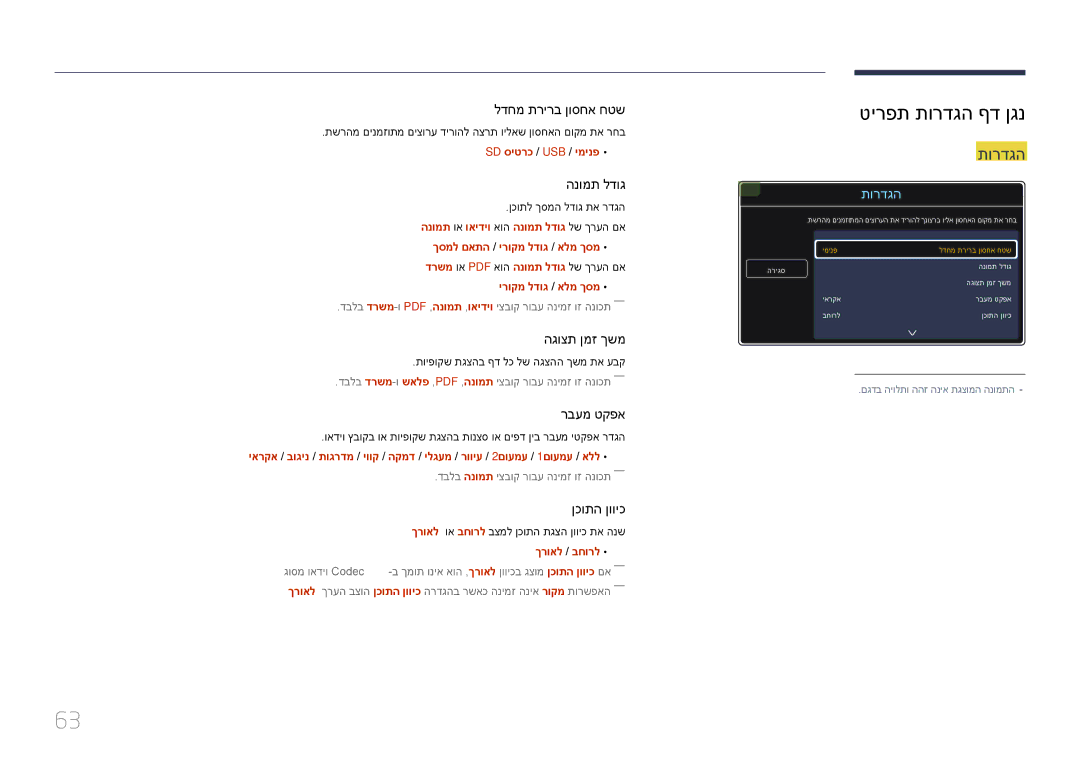 Samsung LH75DMEPLGC/CH, LH48DMEPLGC/EN טירפת תורדגה ףד ןגנ, Sd סיטרכ / Usb / ימינפ, ירוקמ לדוג / אלמ ךסמ, ךרואל / בחורל 