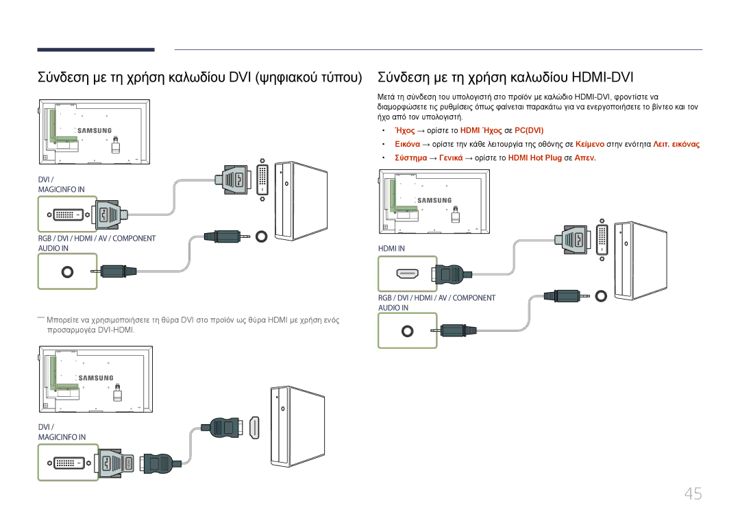 Samsung LH48DMEPLGC/EN manual Σύνδεση με τη χρήση καλωδίου DVI ψηφιακού τύπου, Σύνδεση με τη χρήση καλωδίου HDMI-DVI 