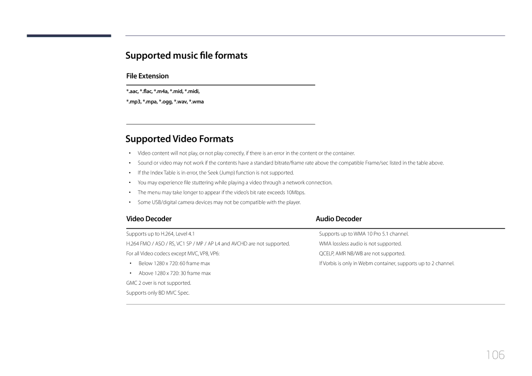 Samsung LH48EBDELGW/EN manual 106, Supported music file formats, Supported Video Formats, File Extension, Video Decoder 