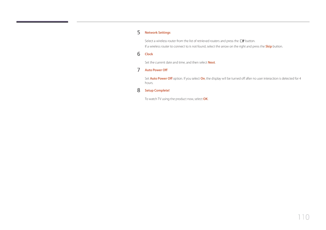Samsung LH48EBDELGW/EN, LH40EBDELGW/EN manual 110, Network Settings, Clock, Auto Power Off, Setup Complete 
