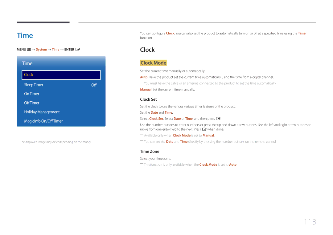 Samsung LH40EBDELGW/EN, LH48EBDELGW/EN manual Time, 113, Clock Mode 