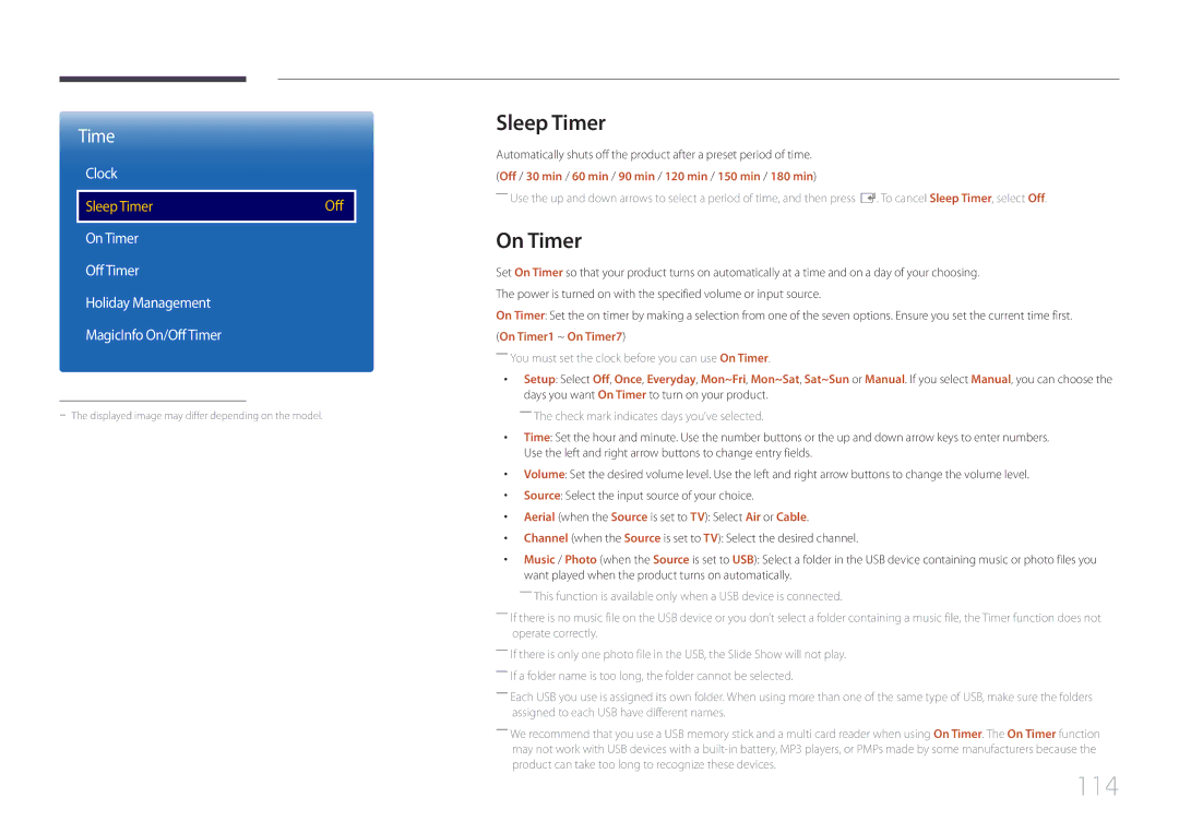 Samsung LH48EBDELGW/EN, LH40EBDELGW/EN manual 114, Sleep Timer, On Timer1 ~ On Timer7 