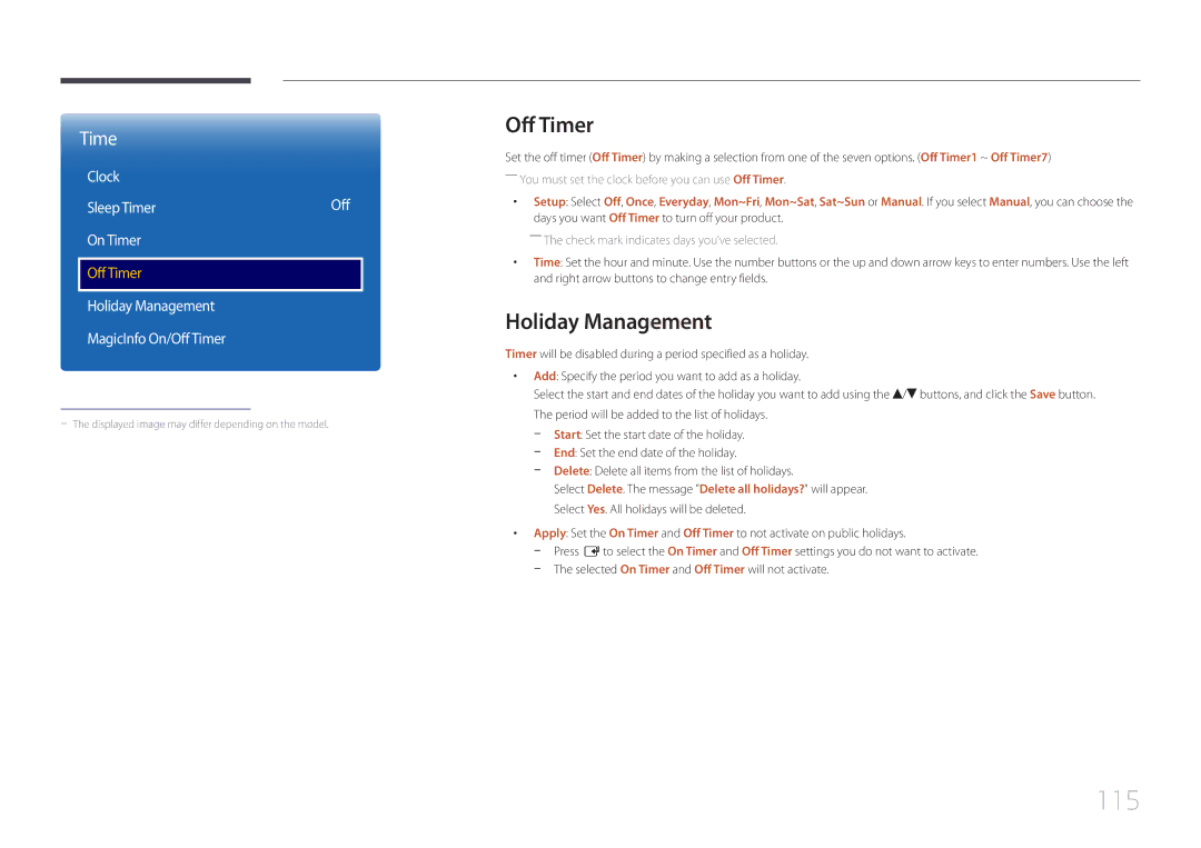 Samsung LH40EBDELGW/EN, LH48EBDELGW/EN manual 115, Off Timer, Holiday Management 