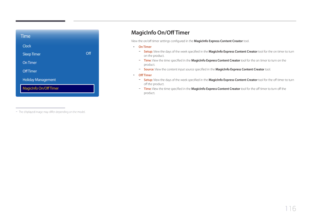 Samsung LH48EBDELGW/EN, LH40EBDELGW/EN manual 116, MagicInfo On/Off Timer, On Timer 