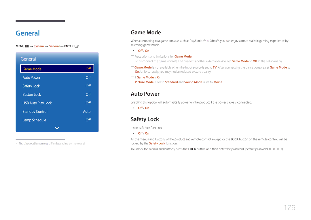 Samsung LH48EBDELGW/EN, LH40EBDELGW/EN manual General, 126, Game Mode, Auto Power, Safety Lock 