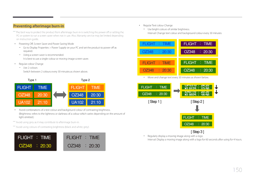 Samsung LH48EBDELGW/EN manual 150, Preventing afterimage burn-in, Switch between 2 colours every 30 minutes as shown above 