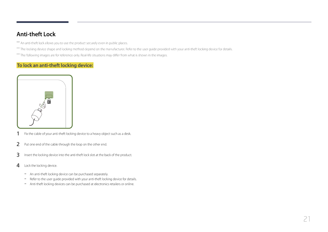 Samsung LH40EBDELGW/EN, LH48EBDELGW/EN manual Anti-theft Lock, To lock an anti-theft locking device 
