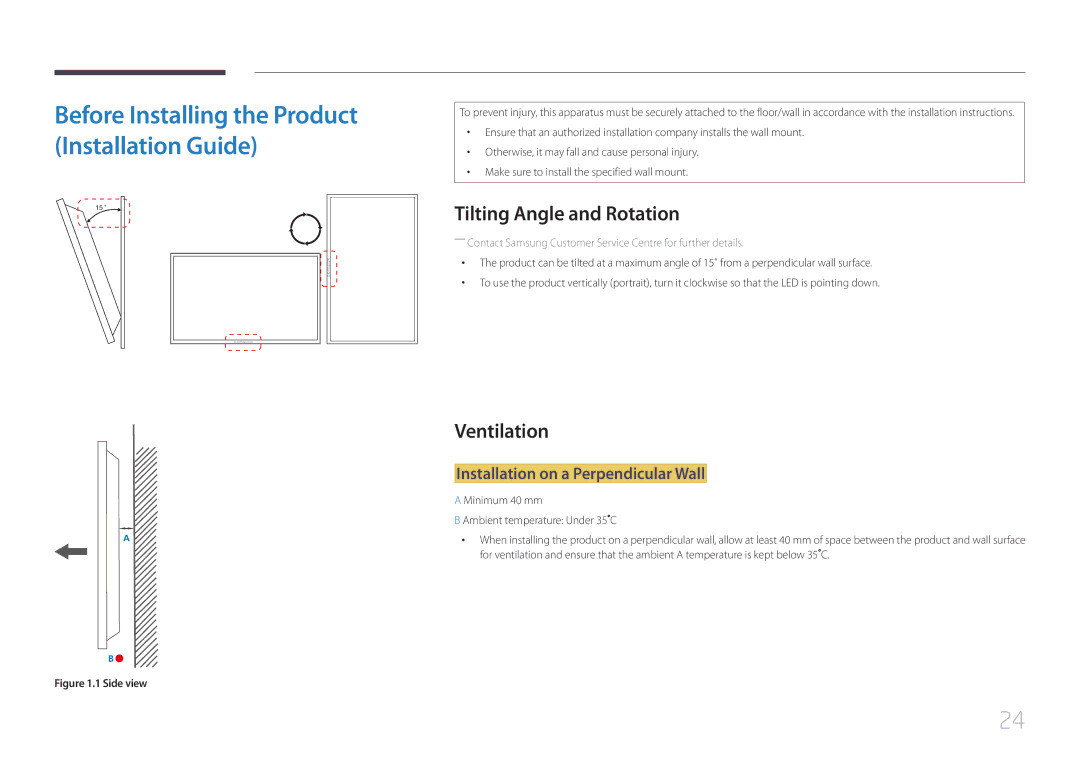 Samsung LH48EBDELGW/EN, LH40EBDELGW/EN manual Tilting Angle and Rotation, Ventilation, Installation on a Perpendicular Wall 