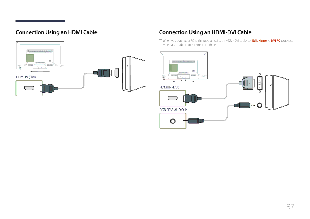 Samsung LH40EBDELGW/EN, LH48EBDELGW/EN manual Connection Using an Hdmi Cable, Connection Using an HDMI-DVI Cable 