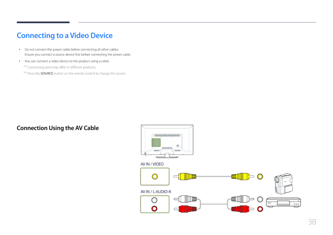 Samsung LH48EBDELGW/EN, LH40EBDELGW/EN manual Connecting to a Video Device, Connection Using the AV Cable 