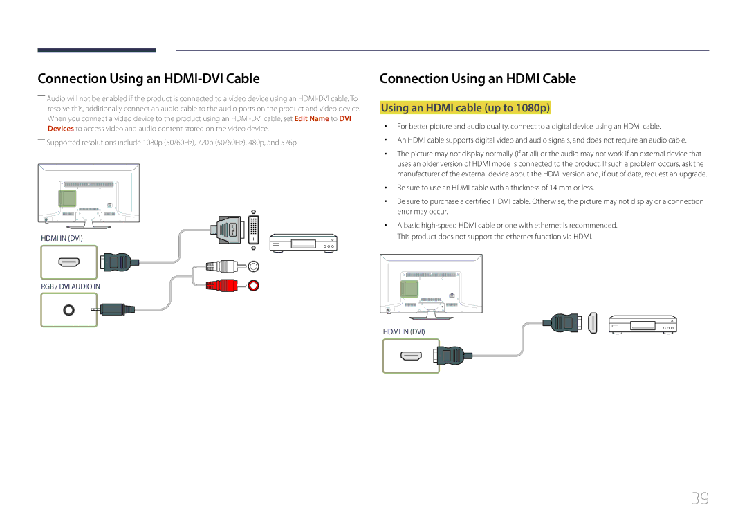 Samsung LH40EBDELGW/EN, LH48EBDELGW/EN manual Using an Hdmi cable up to 1080p 