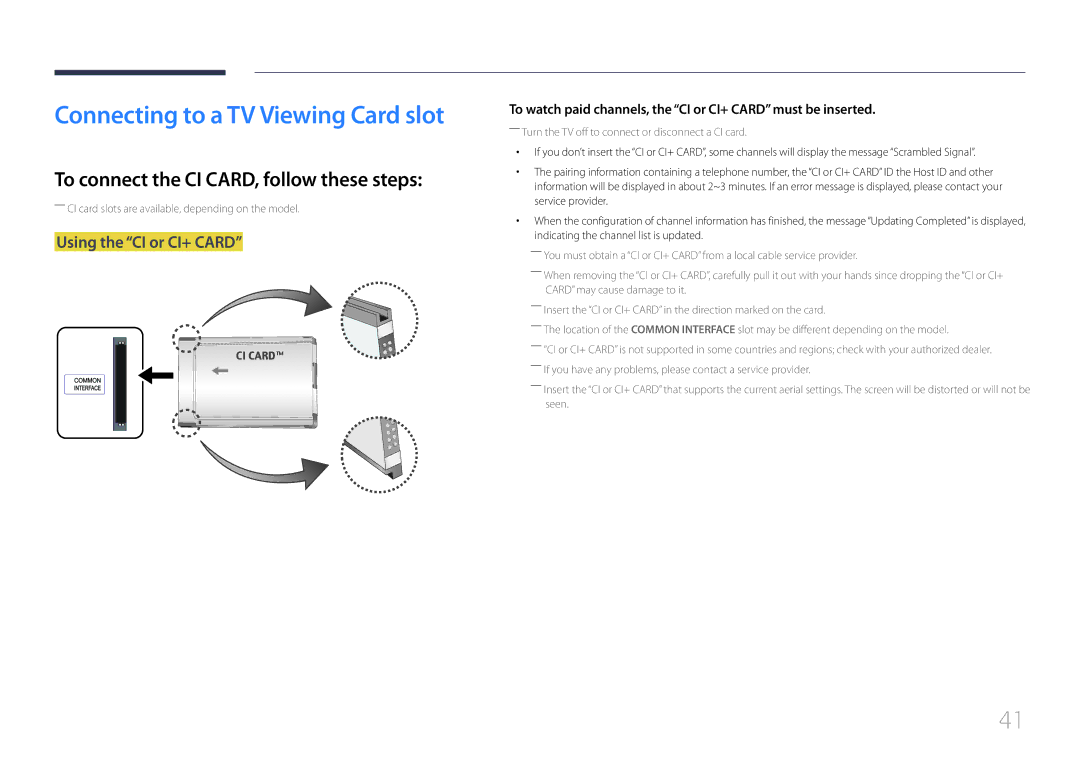 Samsung LH40EBDELGW/EN, LH48EBDELGW/EN manual To connect the CI CARD, follow these steps, Using the CI or CI+ Card 