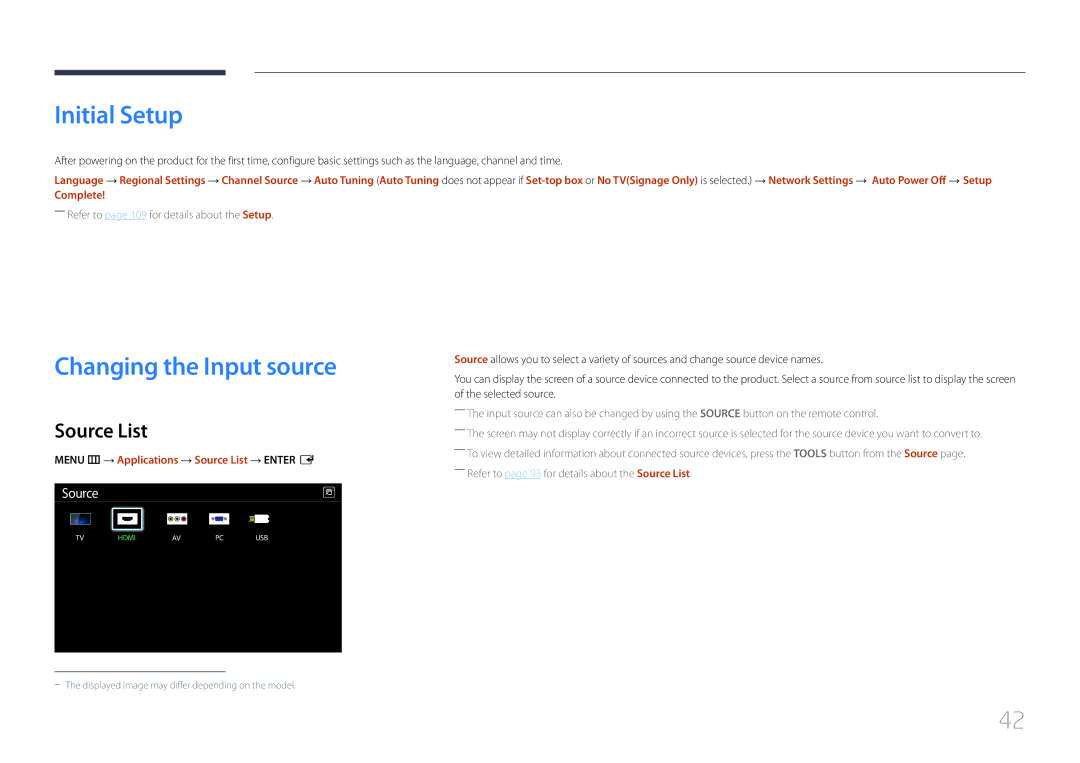 Samsung LH48EBDELGW/EN, LH40EBDELGW/EN manual Initial Setup, Changing the Input source, Source List, Complete 